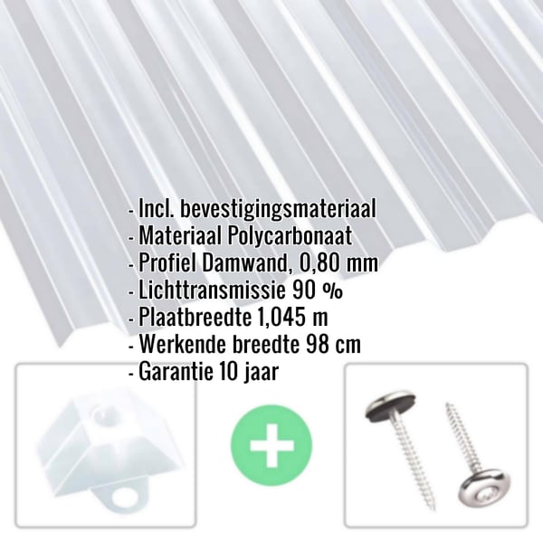 Polycarbonaat damwandplaat 76/18, helder, 0,80 mm met ingebouwde gegevens en bevestigingsmateriaal