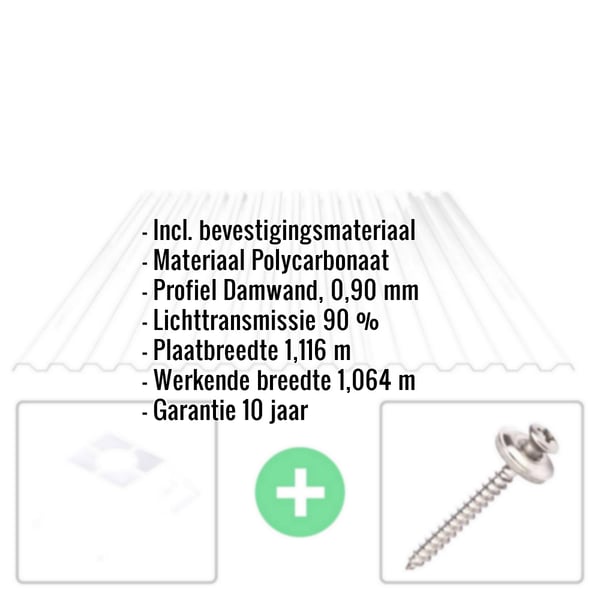 Helder polycarbonaat damwandplaat 76/18, 0,90 mm, met ingebedde productinformatie en bevestigingsmateriaal