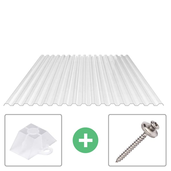 Helder polycarbonaat damwandplaat 76/18, 0,90 mm, met afstandhouders en schroeven