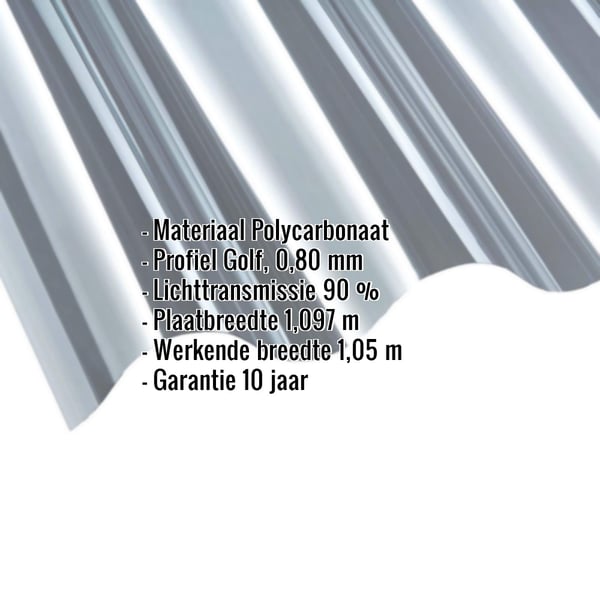 Polycarbonaat golfplaat 177/51, helder, 0,80 mm, met ingebedde productgegevens