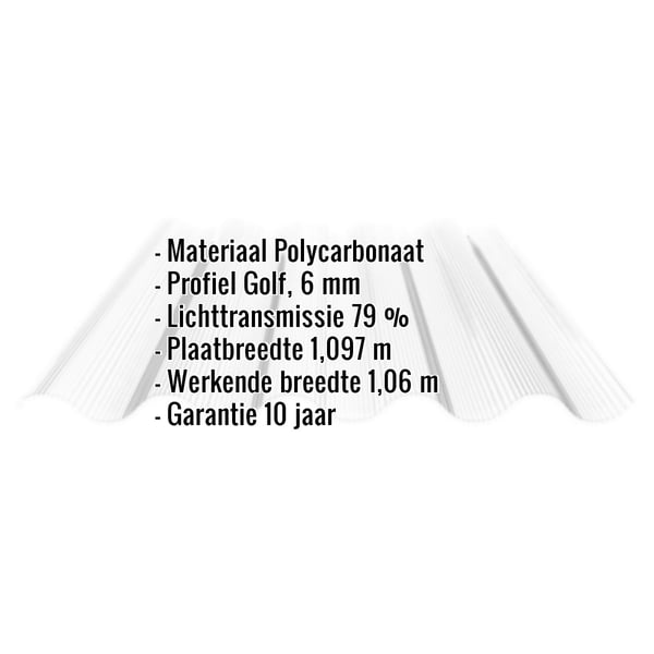 Helder polycarbonaat lichtplaat 6mm met golfprofiel, belangrijke gegevens zoals materiaal en afmetingen weergegeven