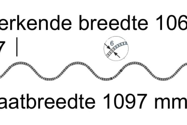 Technische tekening van de polycarbonaat lichtplaat met golfprofiel, plaatbreedte 1097mm, werkbreedte 1060mm
