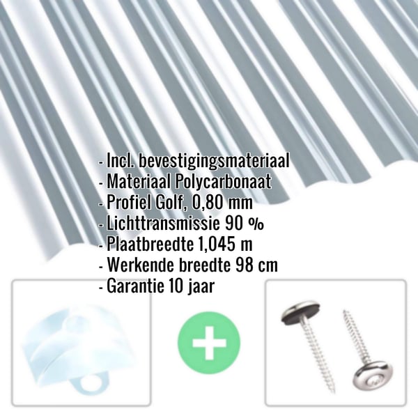 Polycarbonaat golfplaat 76/18, helder, 0,80 mm met ingebouwde gegevens en bevestigingsmateriaal