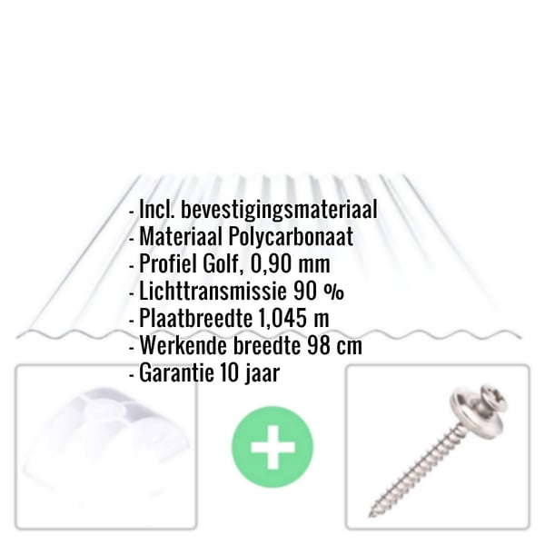 Polycarbonaat golfplaat 76/18, helder, 0,90 mm, met ingebedde productgegevens en bevestigingsmateriaal