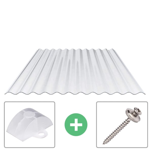 Polycarbonaat golfplaat 76/18, helder, 0,90 mm, met afstandhouder en RVS schroef