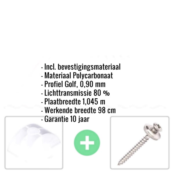 Polycarbonaat golfplaat opaal wit met bevestigingsmateriaal en ingebedde productdetails