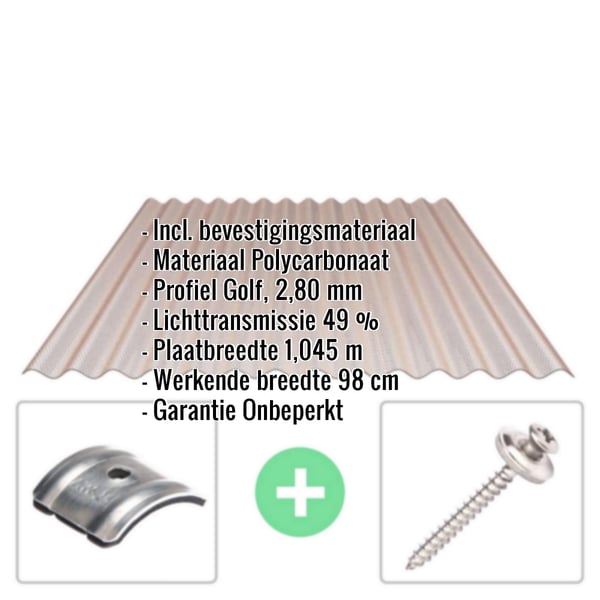 Polycarbonaat golfplaat 76/18, 2,80 mm, brons, met ingebedde productgegevens en bevestigingsmateriaal