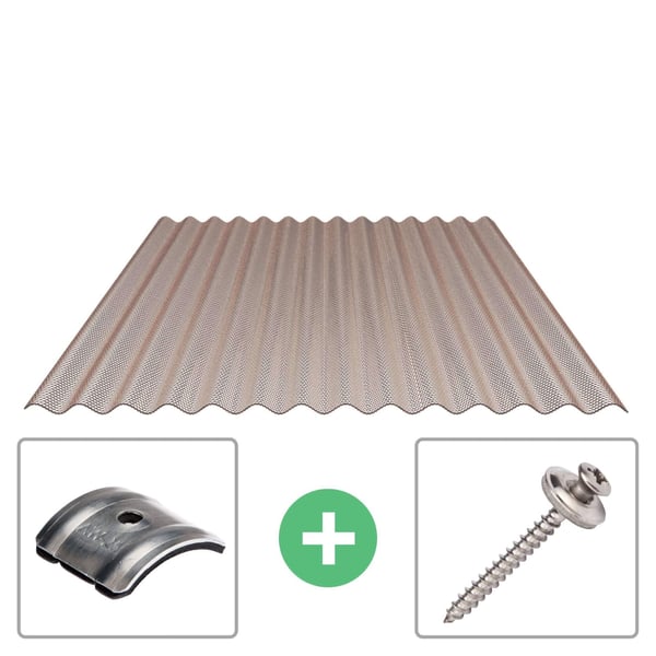 Polycarbonaat golfplaat 76/18, 2,80 mm, brons, met kalot en schroef