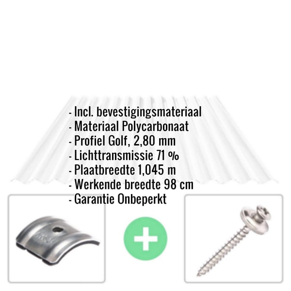Polycarbonaat golfplaat 76/18, 2,80 mm, helder, met ingebouwde specificaties en bevestigingsmateriaal