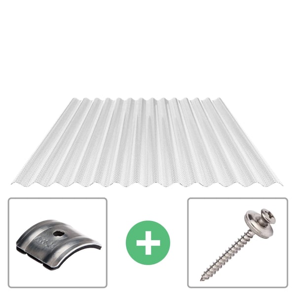Polycarbonaat golfplaat 76/18, 2,80 mm, helder, met bevestigingsmateriaal: afstandhouder en schroef
