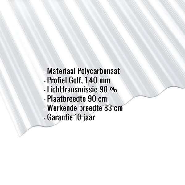 Polycarbonaat golfplaat 1,40 mm helder, met ingebouwde gegevens over materiaal, profiel, lichttransmissie, plaat- en