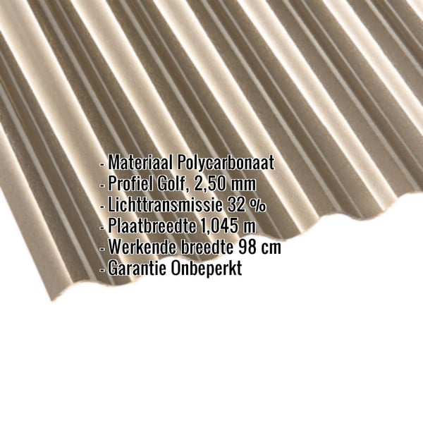 Polycarbonaat golfplaat 76/18, 2,50 mm, brons, met ingebedde specificaties