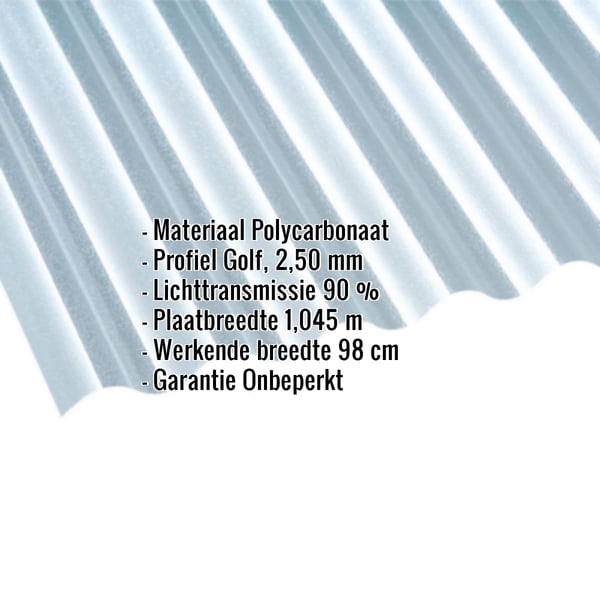 Polycarbonaat golfplaat 76/18, 2,50 mm, helder, met ingebedde productgegevens