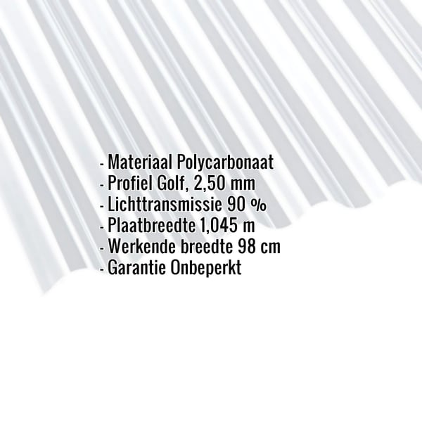 Polycarbonaat golfplaat 76/18, 2,50 mm, helder, met ingebouwde gegevens over materiaal, profiel en afmetingen