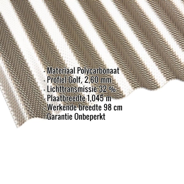 Polycarbonaat golfplaat 76/18, 2,60 mm, bronskleurig, met ingebouwde productgegevens
