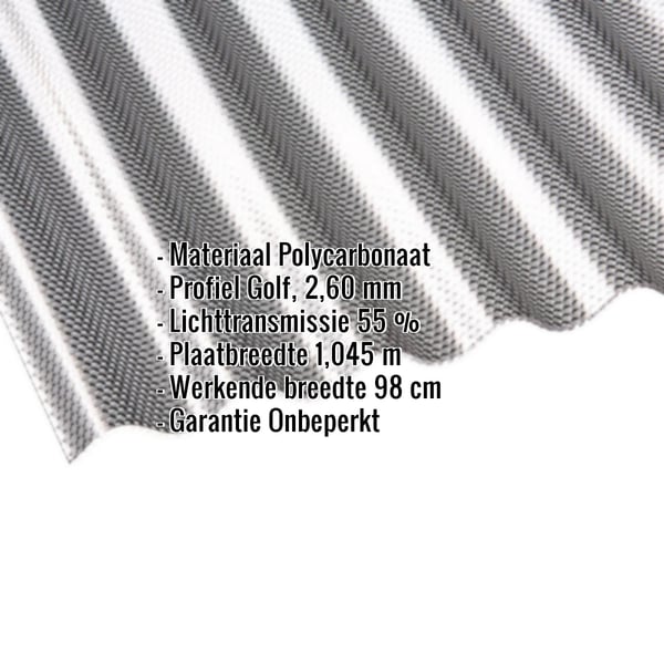 Polycarbonaat golfplaat 76/18, grafiet, met ingebedde productgegevens zoals materiaal en profiel