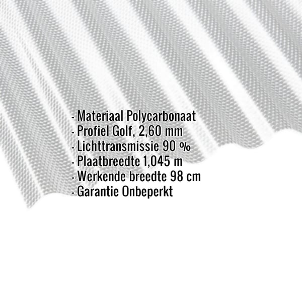 Polycarbonaat golfplaat 2,60 mm, helder, met ingebouwde gegevens over materiaal, profiel, lichttransmissie en garantie