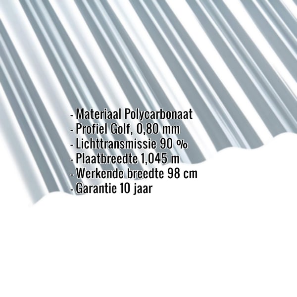 Polycarbonaat golfplaat | 76/18 | 0,80 mm | Helder | 7,00 m