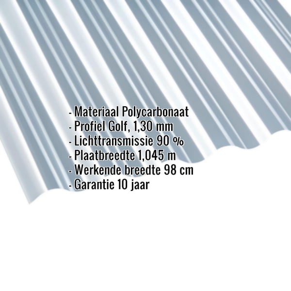 Polycarbonaat golfplaat 76/18, helder, 1,30 mm met ingebedde productgegevens