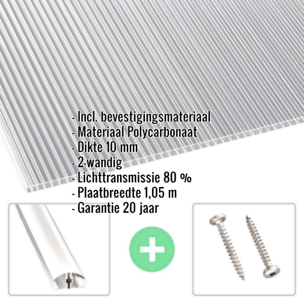 Polycarbonaat dubbelwandige plaat 10 mm helder, met ingebedde specificaties en accessoires zoals schroeven en profiel