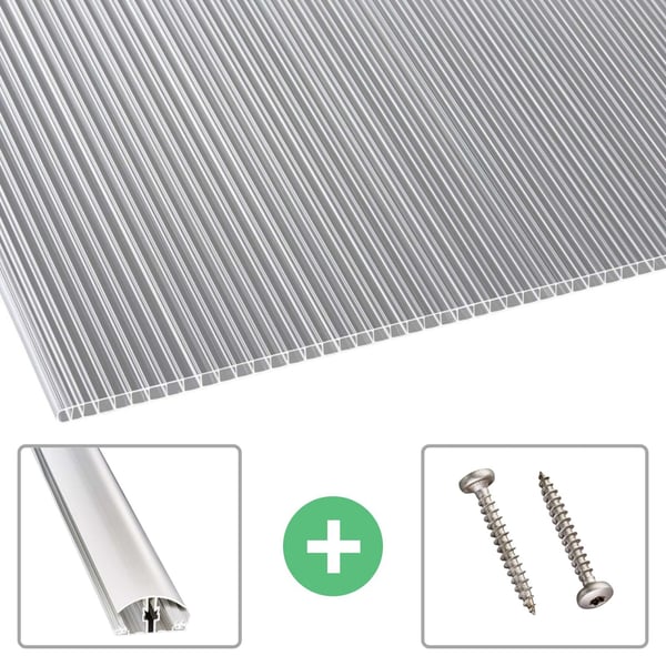 Polycarbonaat dubbelwandige plaat 10 mm helder, met accessoires zoals aluminium profiel en twee schroeven