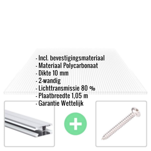Infographic: Kerngegevens van de polycarbonaat kanaalplaat 10 mm, profiel DUO, met bevestigingsmateriaal