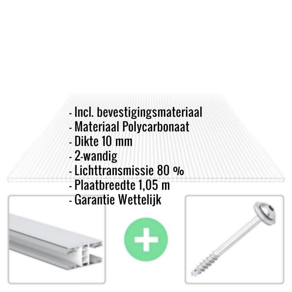 Polycarbonaat dubbelwandige plaat 10 mm helder met ingebedde specificaties en bevestigingsmateriaal