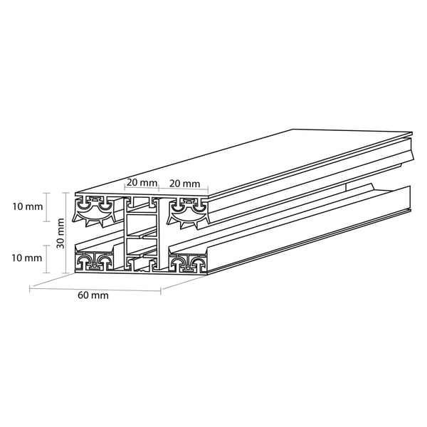 Technische tekening van een verbindingsprofiel met afmetingen 60 mm breed, 30 mm hoog voor 10 mm platen