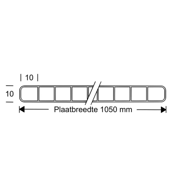 Technische tekening van de 10 mm polycarbonaat dubbelwandige plaat met 1050 mm plaatbreedte
