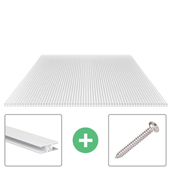 Polycarbonaat kanaalplaat 10 mm, helder, met bevestigingsprofiel en schroef