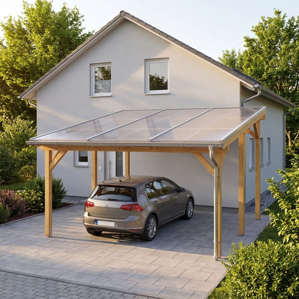 Carport met dak van heldere 10 mm polycarbonaat dubbelwandige platen, schuin aanzicht met auto