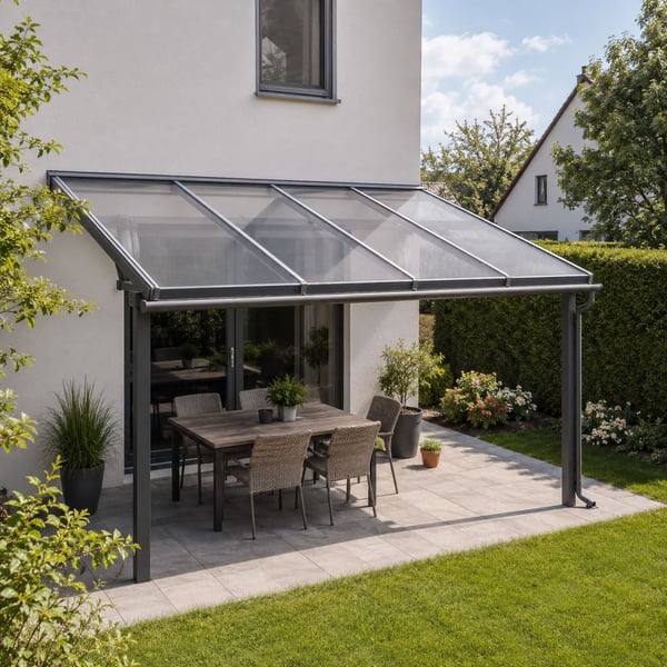 Helder 10 mm polycarbonaat dubbelwandige plaat als dak van een terrasoverkapping, gemonteerd aan een huis