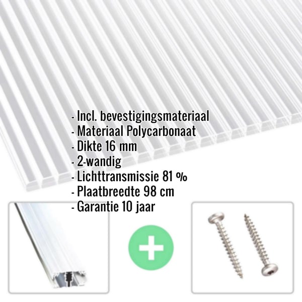 Polycarbonaat dubbelwandige plaat 16 mm, profiel A1, helder, met ingebouwde gegevens en accessoires