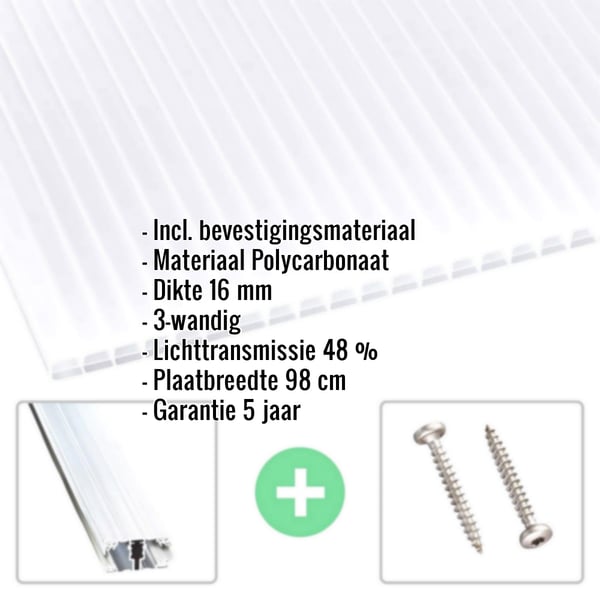 Polycarbonaat kanaalplaat | 16 mm | Profiel A1 | Voordeelpakket | Plaatbreedte 98 cm | Opaal wit | Blueline | Breedte 3,08 m | Lengte 7,00 m