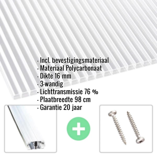 Heldere 16 mm polycarbonaat kanaalplaat met productgegevens en accessoires, infografiek