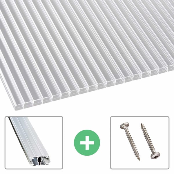 Heldere 16 mm polycarbonaat kanaalplaat met accessoires: aluminium profiel en schroeven