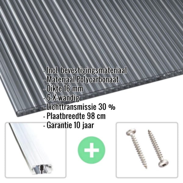 Polycarbonaat kanaalplaat | 16 mm | Profiel A1 | Voordeelpakket | Plaatbreedte 98 cm | Grafiet | X-Structuur | Breedte 4,09 m | Lengte 2,00 m