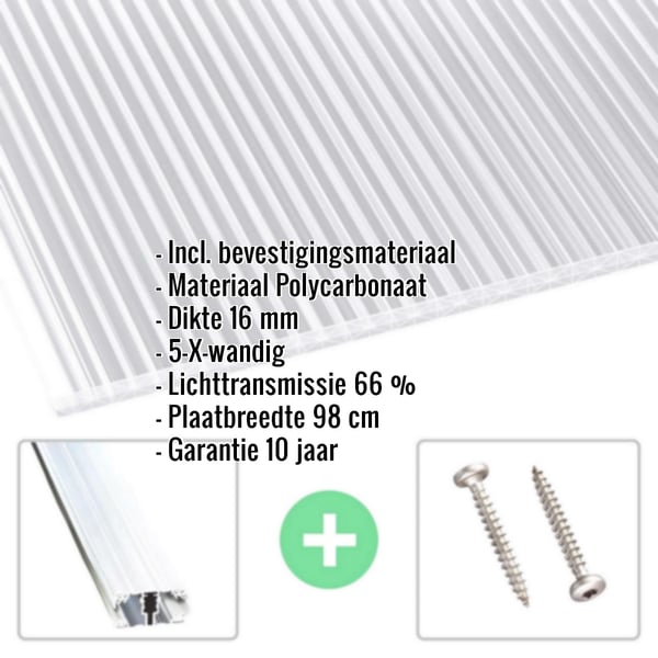 Polycarbonaat kanaalplaat | 16 mm | Profiel A1 | Voordeelpakket | Plaatbreedte 98 cm | Helder | X-Structuur | Breedte 5,10 m | Lengte 2,00 m