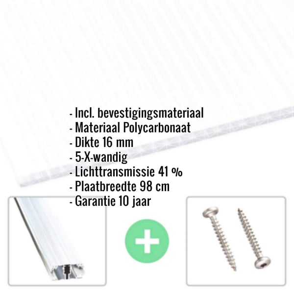 Polycarbonaat kanaalplaat | 16 mm | Profiel A1 | Voordeelpakket | Plaatbreedte 98 cm | Opaal wit | X-Structuur | Breedte 9,13 m | Lengte 2,00 m