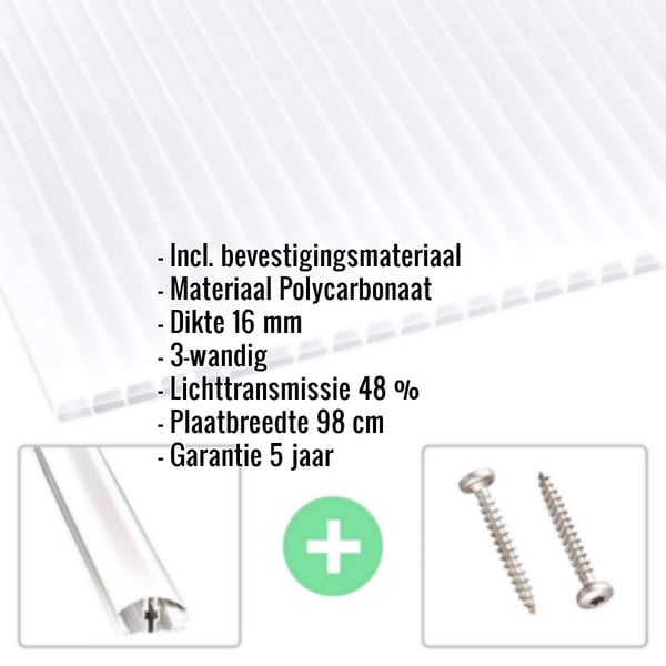 Polycarbonaat kanaalplaat | 16 mm | Profiel A4 | Voordeelpakket | Plaatbreedte 98 cm | Opaal wit | Blueline | Breedte 7,12 m | Lengte 2,00 m