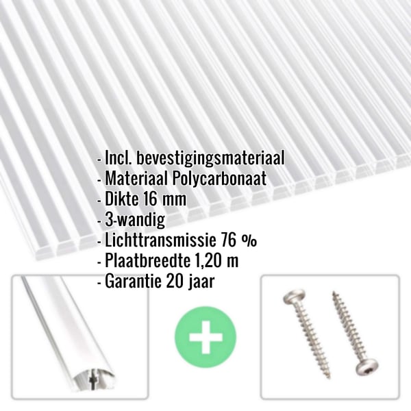 Helder polycarbonaat kanaalplaat 16 mm met ingebouwde specificaties en accessoires