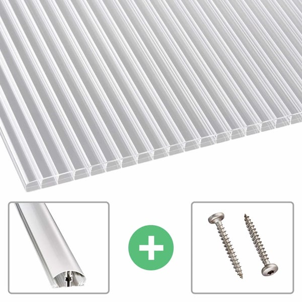 Heldere polycarbonaat kanaalplaat 16 mm, driewandig, met aluminium profiel en schroeven