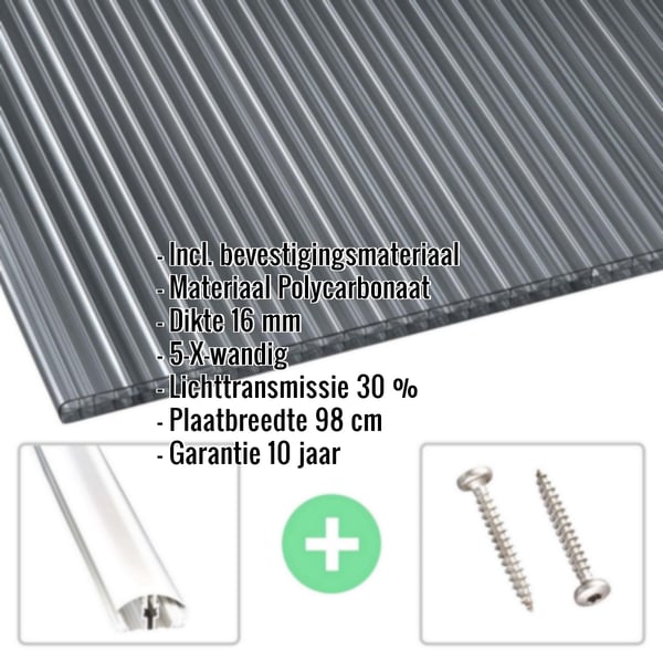 Polycarbonaat kanaalplaat | 16 mm | Profiel A4 | Voordeelpakket | Plaatbreedte 98 cm | Grafiet | X-Structuur | Breedte 7,12 m | Lengte 2,00 m