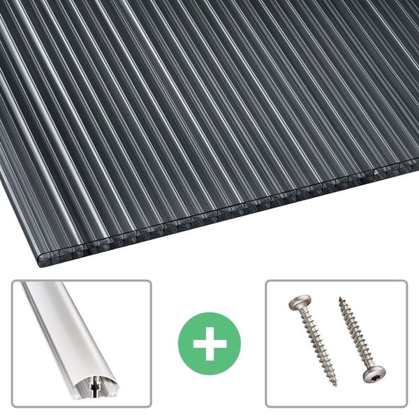 Polycarbonaat kanaalplaat | 16 mm | Profiel A4 | Voordeelpakket | Plaatbreedte 98 cm | Grafiet | X-Structuur | Breedte 7,12 m | Lengte 2,00 m