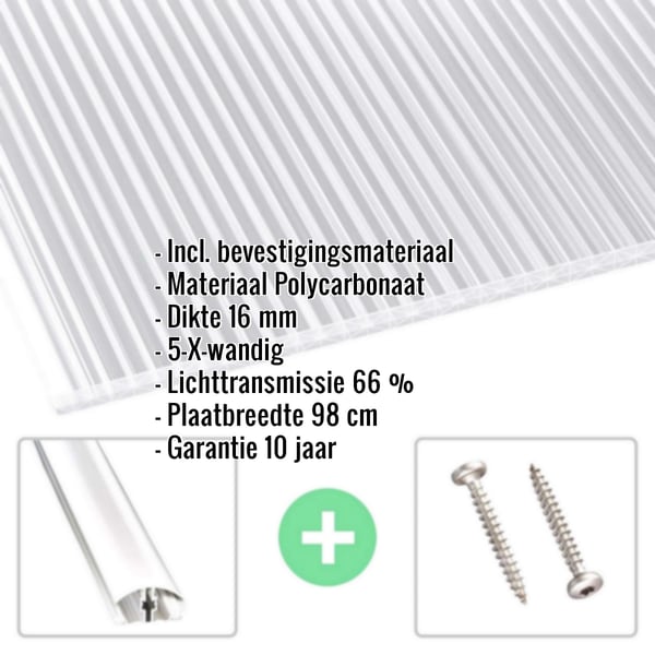 Polycarbonaat kanaalplaat | 16 mm | Profiel A4 | Voordeelpakket | Plaatbreedte 98 cm | X-Structuur | Breedte 4,09 m | Lengte 2,00 m