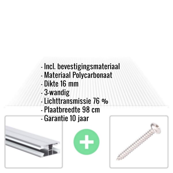Polycarbonaat kanaalplaat | 16 mm | Profiel DUO | Voordeelpakket | Plaatbreedte 98 cm | Helder | Breedte 3,09 m | Lengte 2,50 m