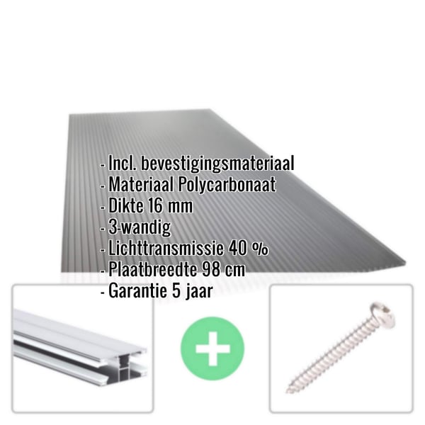 Polycarbonaat kanaalplaat | 16 mm | Profiel DUO | Voordeelpakket | Plaatbreedte 98 cm | Antracietgrijs | Novalite | Breedte 4,10 m | Lengte 3,00 m