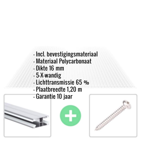 Polycarbonaat kanaalplaat | 16 mm | Profiel DUO | Voordeelpakket | Plaatbreedte 1,20 m | Helder | X-Structuur | Breedte 6,21 m | Lengte 2,00 m