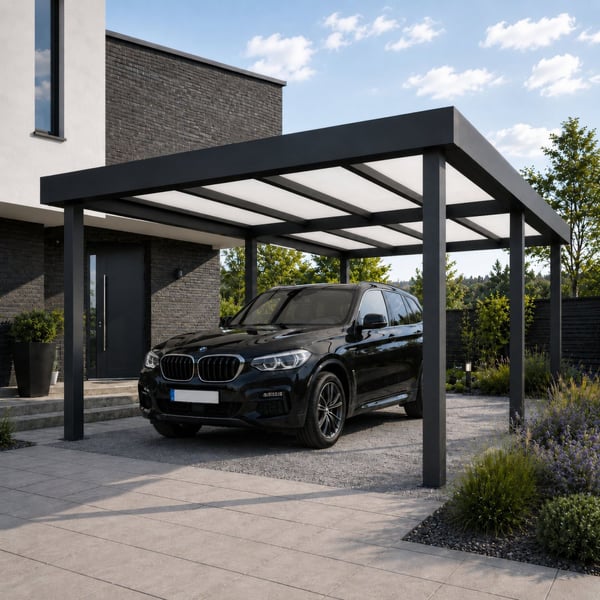 Zwarte carport met opaal witte polycarbonaat lichtplaten 16 mm en een auto