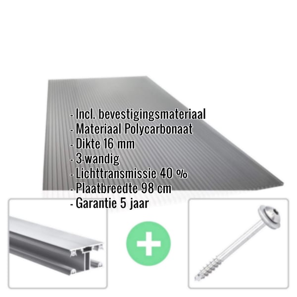 Polycarbonaat kanaalplaat 16 mm antraciet met ingebedde productdetails en montageaccessoires